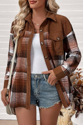 Plaid Corduroy Patchwork Pocket Loose Shacket