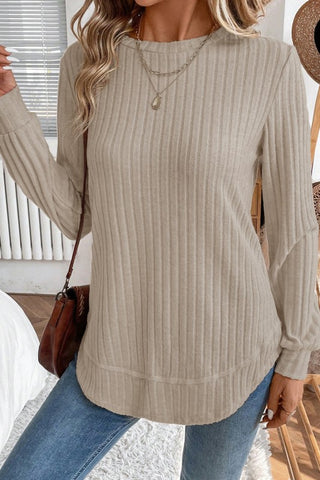Ribbed Texture Round Neck Rounded Hem Knit Top