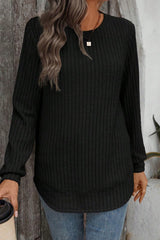 Ribbed Texture Round Neck Rounded Hem Knit Top