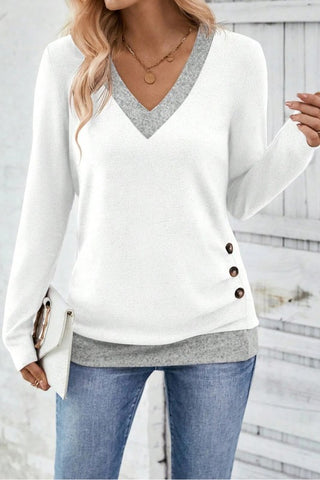 Color Block Trim Button Decor Long Sleeve Top