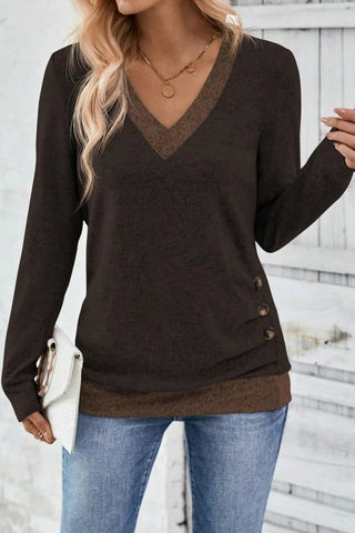 Color Block Trim Button Decor Long Sleeve Top