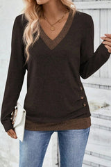 Color Block Trim Button Decor Long Sleeve Top