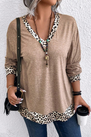 Leopard Patchwork V Neck Long Sleeve Plus Size Top