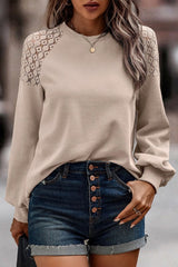 Lace Patchwork Long Sleeve Textured Pullover Top