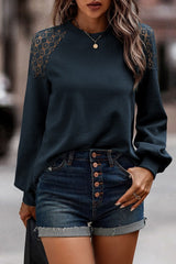 Lace Patchwork Long Sleeve Textured Pullover Top