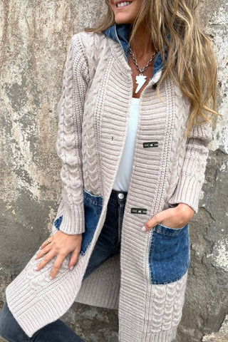 Hooded Denim Patchwork Knit Cardigan Coat