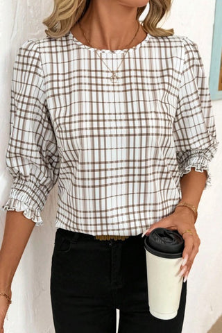 Round-neck Half Sleeve Casual Plaid Shirt
