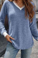 Ribbed V Neck Pullover Top