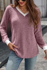 Ribbed V Neck Pullover Top