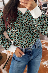 Stylish Leopard Contrast Ribbed Color Block Top
