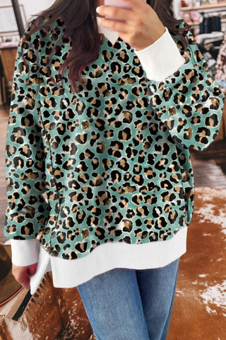 Stylish Leopard Contrast Ribbed Color Block Top