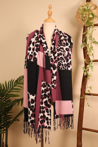 Color Block Print Tassel Trim Terylene Scarf