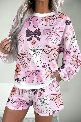 Bow Print Long Sleeve Top And Shorts Lounge Set