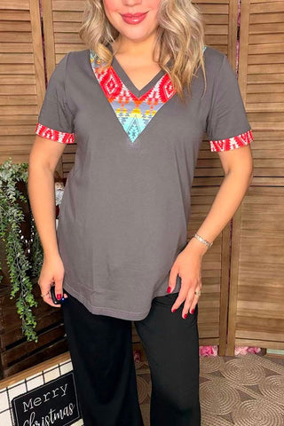 Western Aztec Patch & Grey Short Sleeve Women's Boutique Top