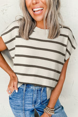 Stripe Side Slits Crewneck Sweater Top