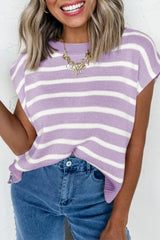Stripe Side Slits Crewneck Sweater Top