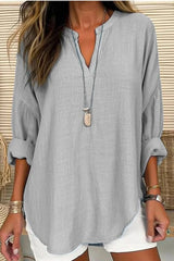Button V-Neck Drop Shoulder Long Sleeved Top