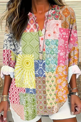 Button V-Neck Drop Shoulder Long Sleeved Top