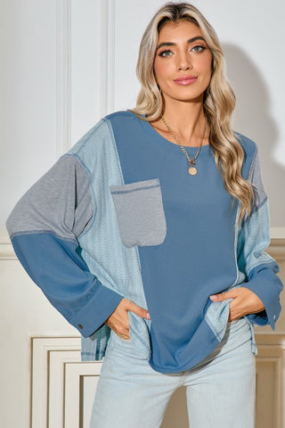 Colorblock Patchwork Waffle Buttoned Cuffs Top