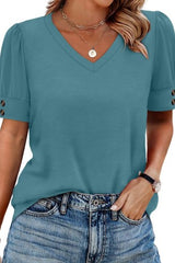 Solid Color Short Button Detail Sleeved Top