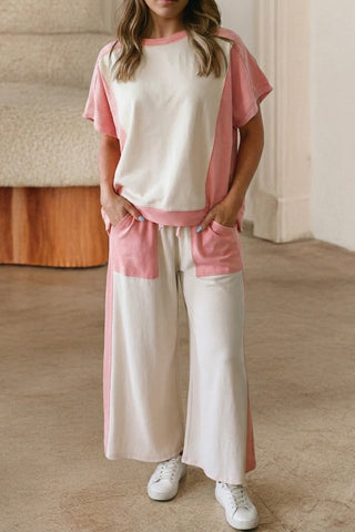 2-tone Color Block Patchwork Tee Loose Pant Set