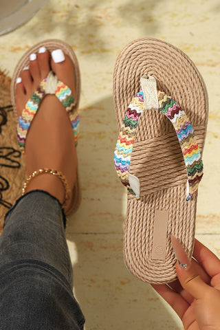 Bohemian Vacation Straw Woven Rainbow Strap Flip Flops