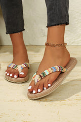 Bohemian Vacation Straw Woven Rainbow Strap Flip Flops