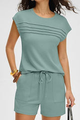 Round Neck Pleated Tee Drawstring Short Set