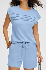 Round Neck Pleated Tee Drawstring Short Set