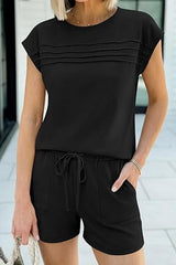 Round Neck Pleated Tee Drawstring Short Set