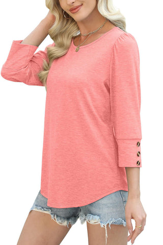 Round Neck Button Up Bubble Sleeve Top