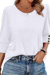Round Neck Button Up Bubble Sleeve Top
