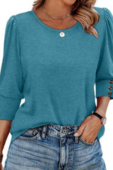 Round Neck Button Up Bubble Sleeve Top
