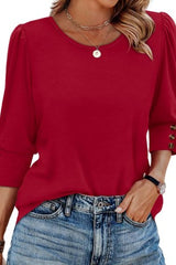 Round Neck Button Up Bubble Sleeve Top
