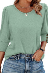Round Neck Button Up Bubble Sleeve Top