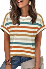 Round Neck Casual Short Sleeved Striped Top