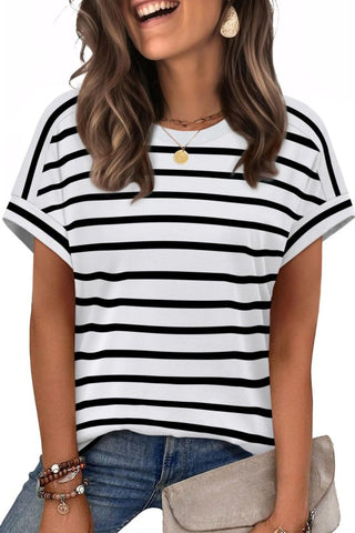 Round Neck Casual Short Sleeved Striped Top