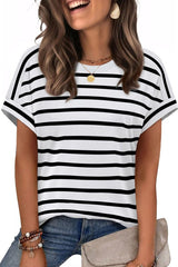 Round Neck Casual Short Sleeved Striped Top
