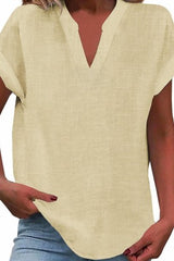 Solid Color Short Sleeved V-neck Slub Linen Blend Shirt