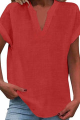 Solid Color Short Sleeved V-neck Slub Linen Blend Shirt