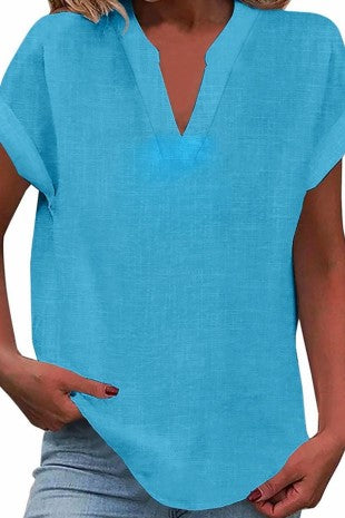 Solid Color Short Sleeved V-neck Slub Linen Blend Shirt