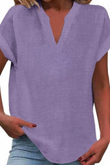 Solid Color Short Sleeved V-neck Slub Linen Blend Shirt