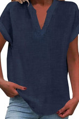 Solid Color Short Sleeved V-neck Slub Linen Blend Shirt