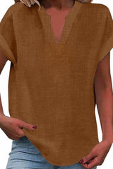 Solid Color Short Sleeved V-neck Slub Linen Blend Shirt