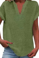 Solid Color Short Sleeved V-neck Slub Linen Blend Shirt