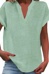 Solid Color Short Sleeved V-neck Slub Linen Blend Shirt