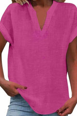 Solid Color Short Sleeved V-neck Slub Linen Blend Shirt