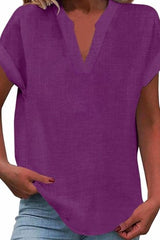 Solid Color Short Sleeved V-neck Slub Linen Blend Shirt