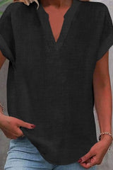Solid Color Short Sleeved V-neck Slub Linen Blend Shirt