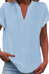 Solid Color Short Sleeved V-neck Slub Linen Blend Shirt